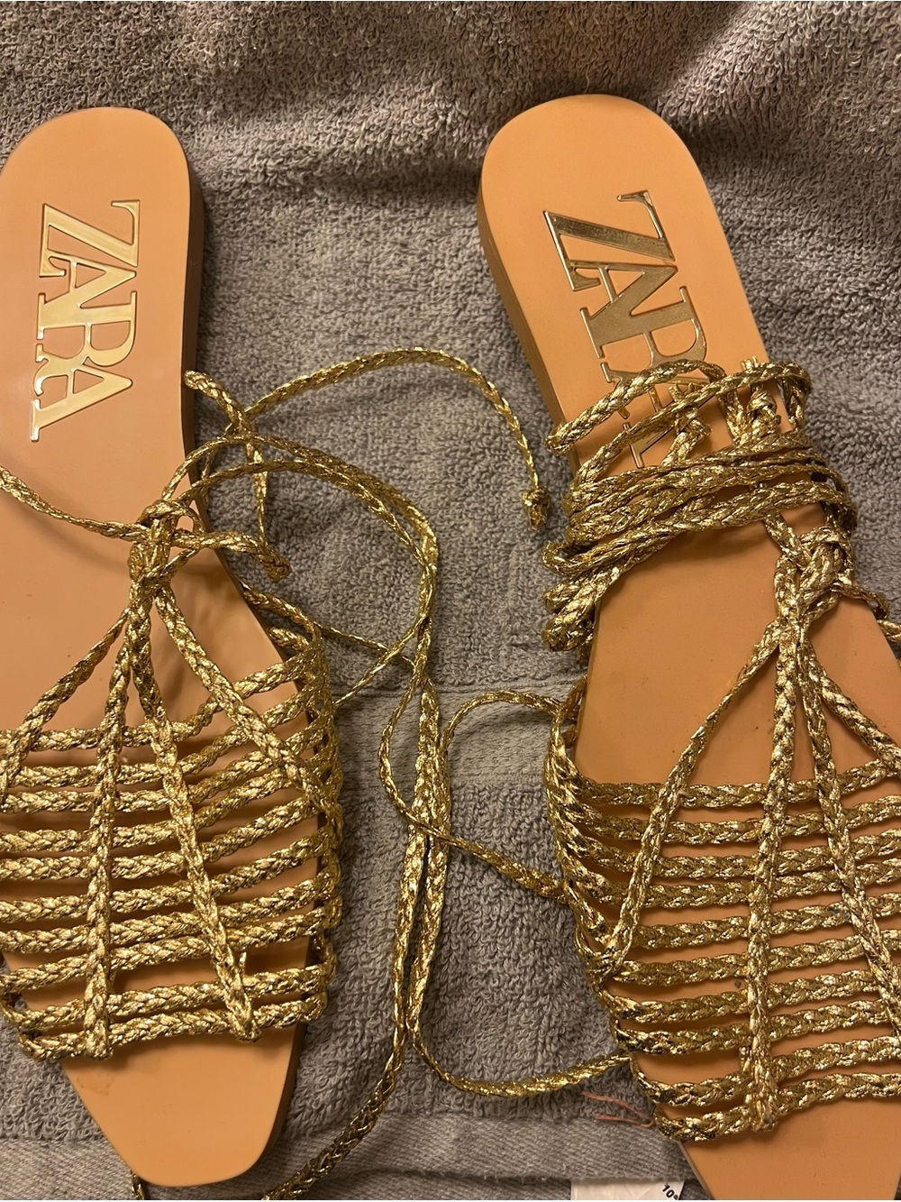 Zara Braided Flat Sandals Gold Lace-Up Sandals
